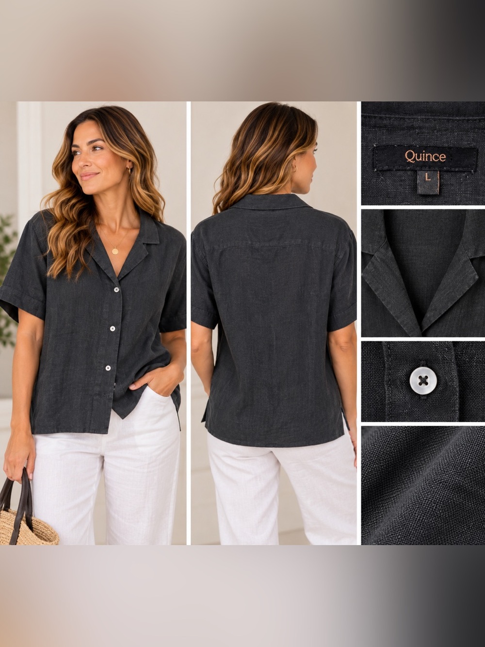 Quince 100% European Linen Short Sleeve Shirt Black Women’s L